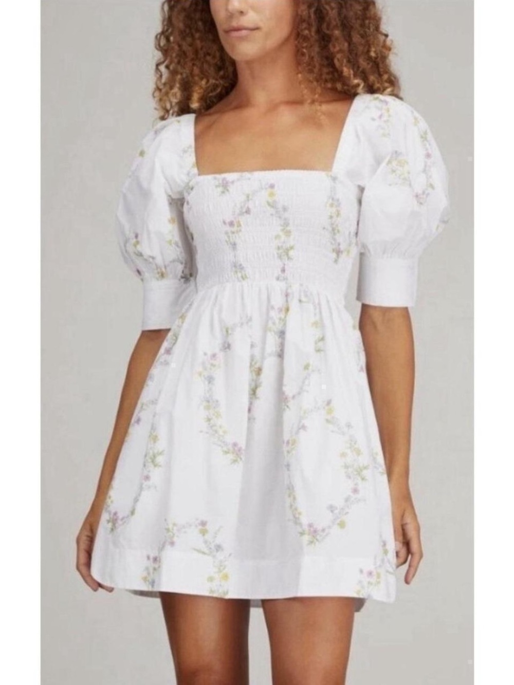 Ganni White Floral Smocked Poplin Mini Dress